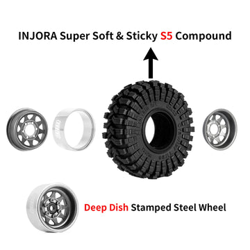 INJORA 1.0 Beadlock Wheel Tires Set -3.78mm Offset Wheel Rims for 1/18 1/24 RC Crawler Car Axial AX24 SCX24 FMS FCX24 TRX4M,Grey