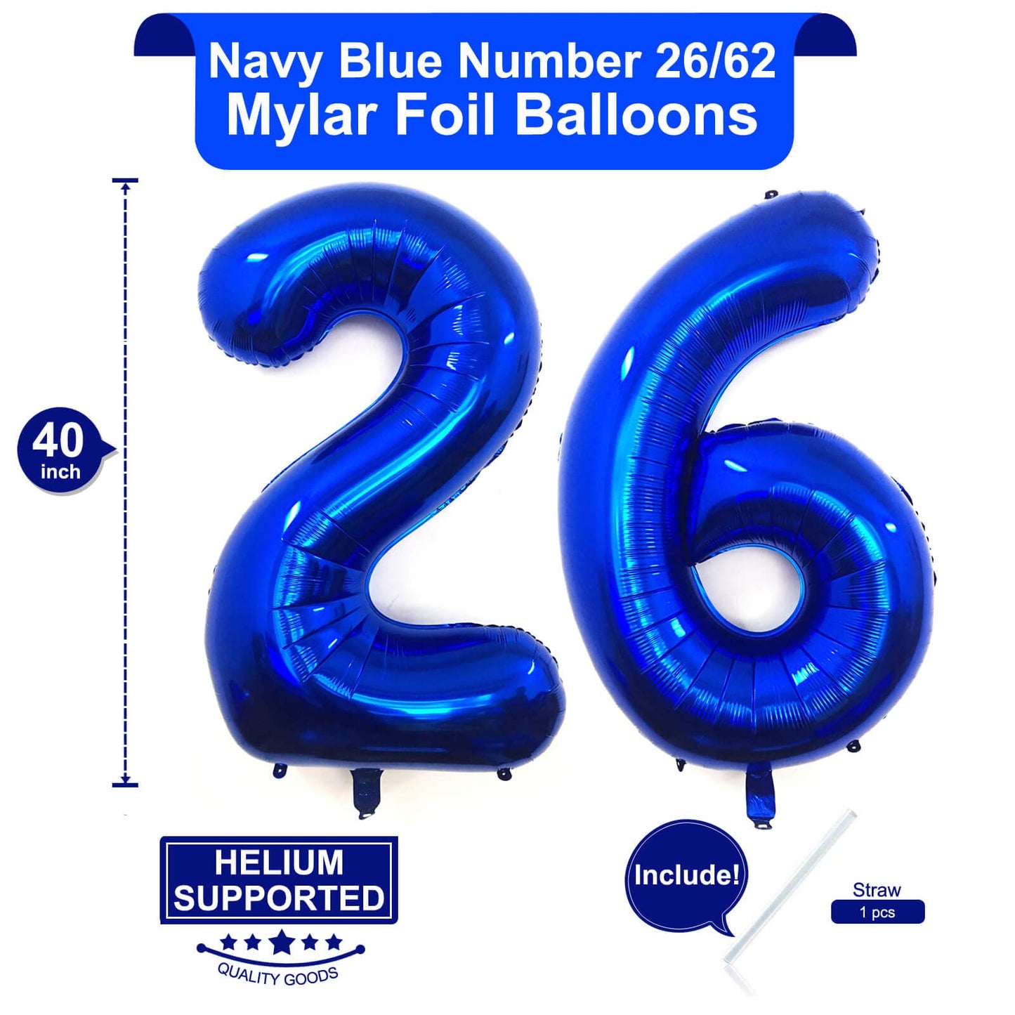 LHOAVWE 40 Inch Navy Blue 26 Number Balloons - Jumbo Mylar Foil for Birthday Party Decorations