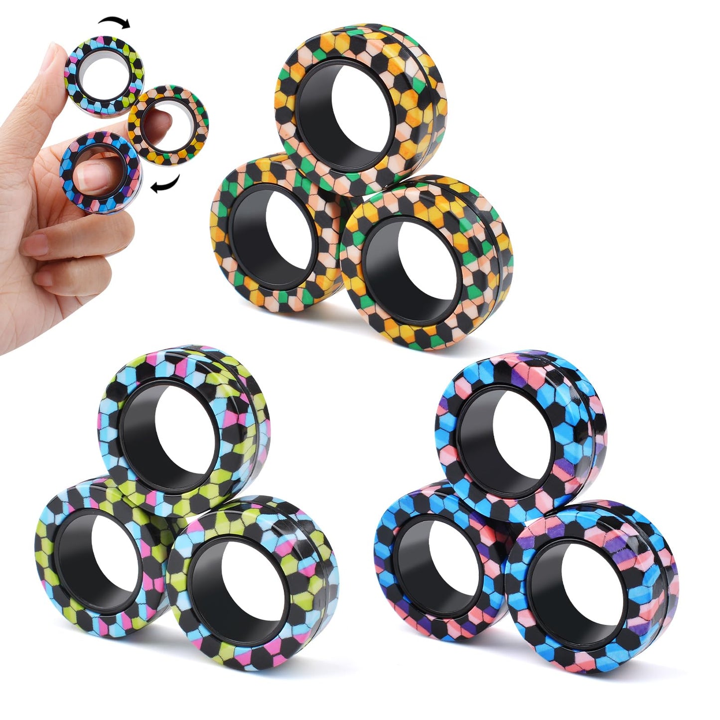 Cevioce 9Pcs Magnetic Rings Fidget Toy Set, Adhd Anxiety Magnetic Fidget Toys Adults Fidget Spinner Rings For Relief, Gifts For 8+ Year Old Teen Boy Girl B