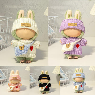 Clothes for LABUUB Doll (NO Doll)  Handcrafted Crochet 3-Piece Set for Doll Accessories  enhanced Outfit - Heart Sweater + Hat + Bag  Cute Clothes for Dress up Unique Style (Pink)