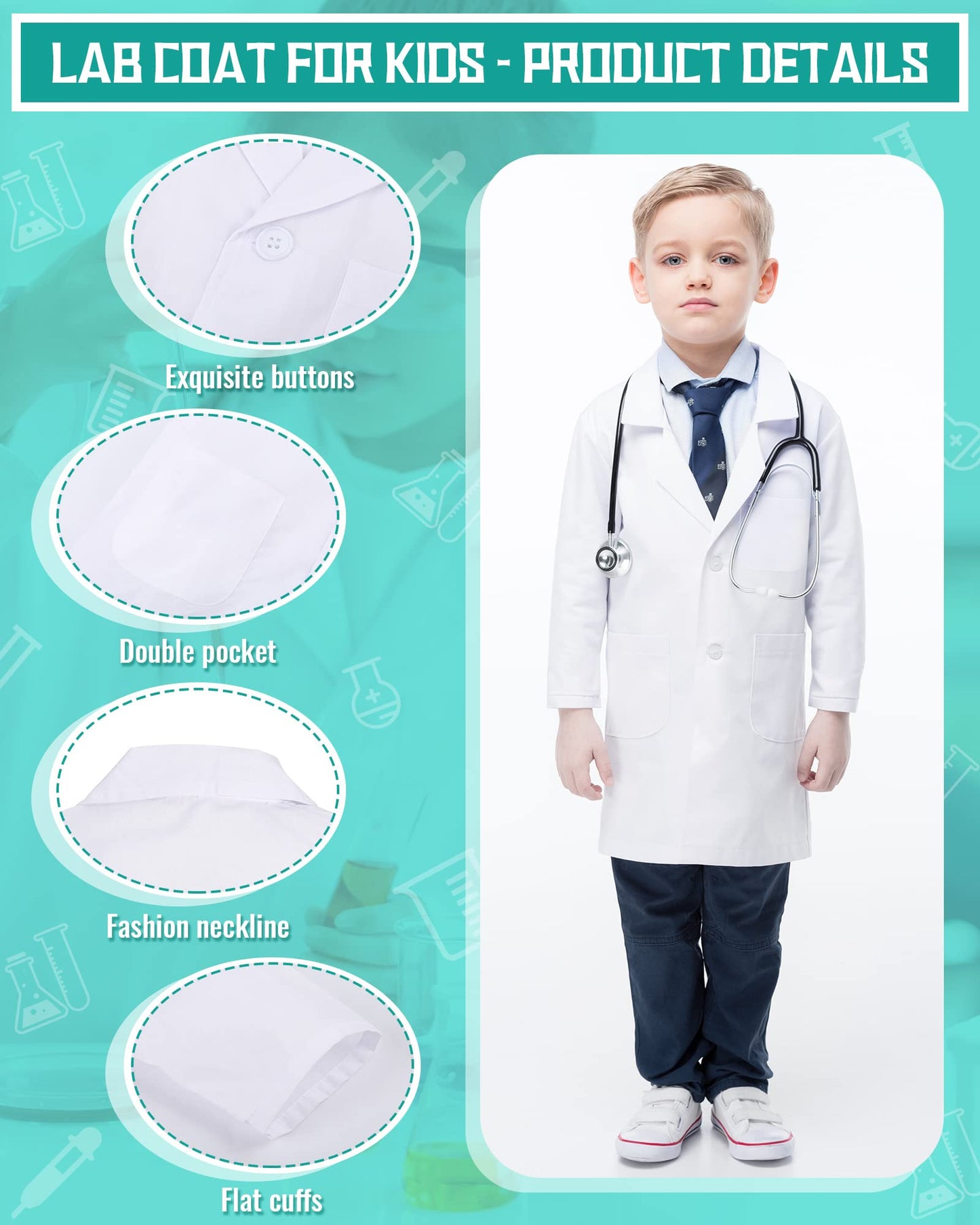 Newcotte 20 Pcs Unisex Kids Lab Coat Soft Children Science Doctor White Toddler Costume For Boys Girls Cosplay School (Medium)