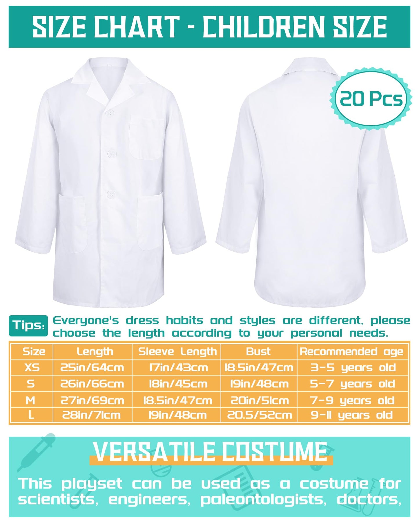 Newcotte 20 Pcs Unisex Kids Lab Coat Soft Children Science Doctor White Toddler Costume For Boys Girls Cosplay School (X-Small)