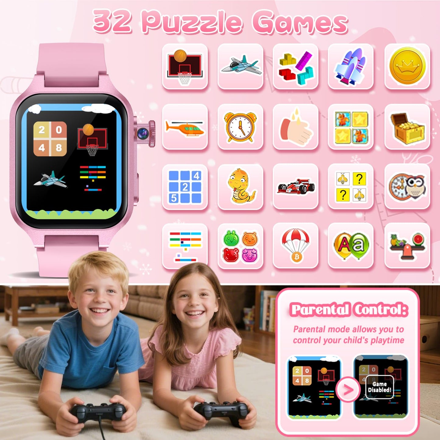 Smart Game Watch for Kids with 32 Games, Telescopic Camera, Pedometer, Alarm, Video, Music, Auidobook, Learn Card, Parental Cont