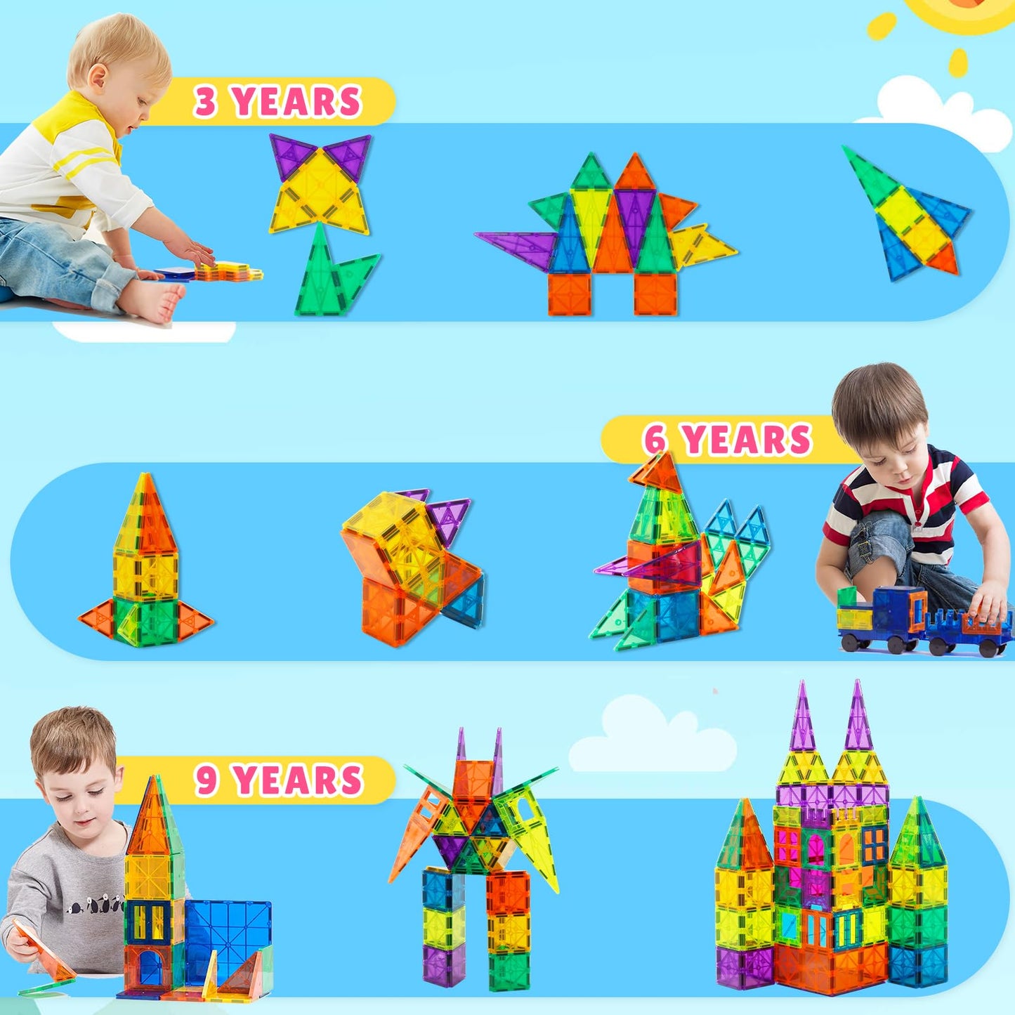 Bmag 130PCS Magnetic Tiles Building Blocks, 3D Magnet Blocks Construction Playboards for Kids Toddlers, Educational STEM Prescho