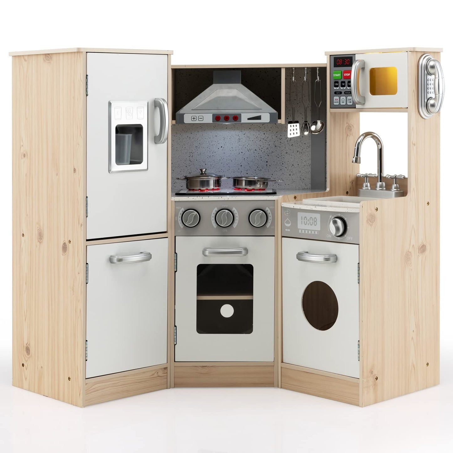 HONEY JOY Corner Kids Kitchen Playset, Wooden Play Kitchen for Toddlers, Range Hood, Phone, Water Dispenser, Storage Box, Little