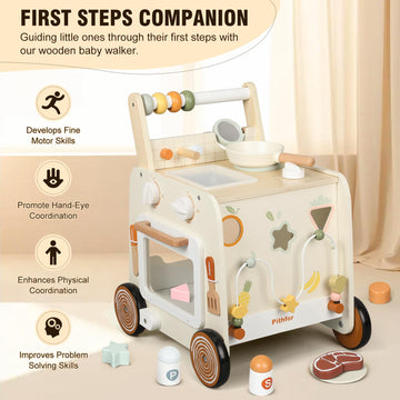Pithfor Wooden Baby Walker, 3-In-1 Baby Push Walker, With Pretend Kitchen, Montessori Sensory Activity Center, Push Walker Toys