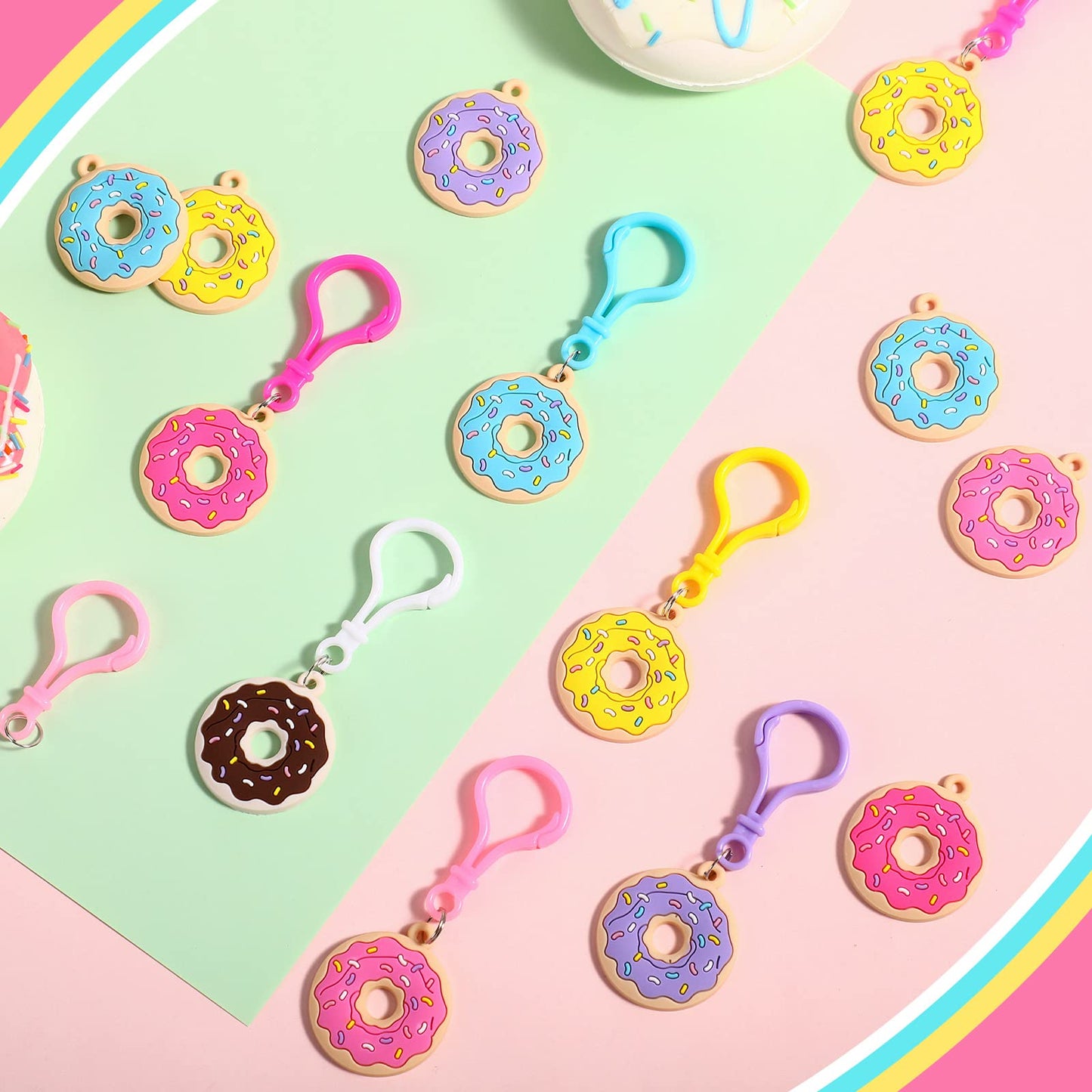 Jadive 24 Pcs Sweet Donut Party Favors Donut Keychain Sweet Doughnut Theme Birthday Party Supplies Pendant Ornament For Christmas Kids Boy Girl Gift Reward Goodie Bag Fillers, 6 Colors