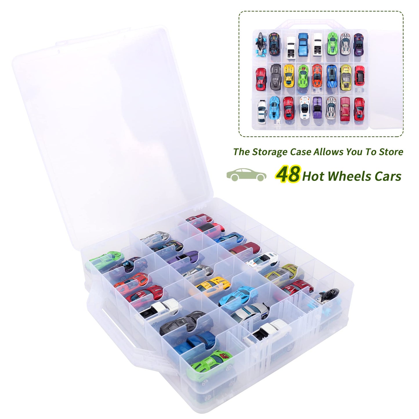 Kislane Double Sided Toy Car Storage Case For 48 Toy Cars, Matchbox Cars, Mini Toys, Small Dolls, Portable Transparent Storage C
