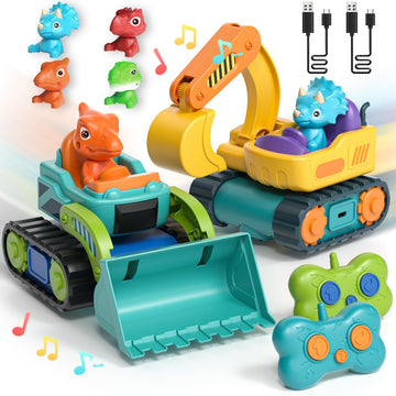 Lehoo Castle Construction Toys, 2 Pack Remote Control Car for Toddlers 1-3, Rechargeable Excavator Toy Bulldozer Toys for 2 Year