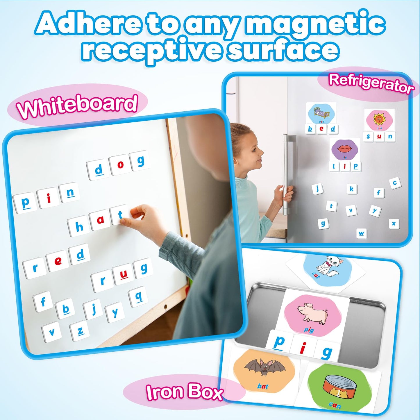Kasfalci Cvc Word Games,Magnetic Letters & Flash Cards,Phonics Games,Alphabet Learning Toys, Refrigerator Fridge Abc Magnets For
