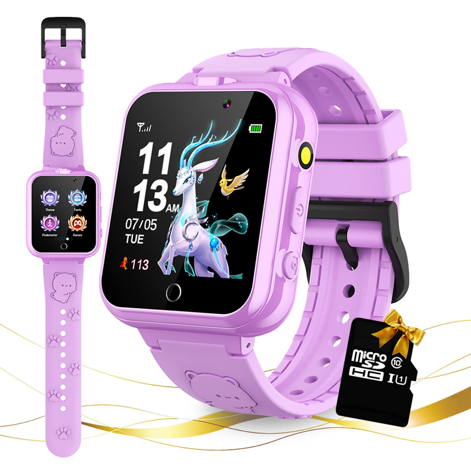 Retysaz Kids Game Smart Watch 24 Game Pedometer 2 HD Cameras Smartwatches for Children 3-12 Great Present Birthday to Girls Boys