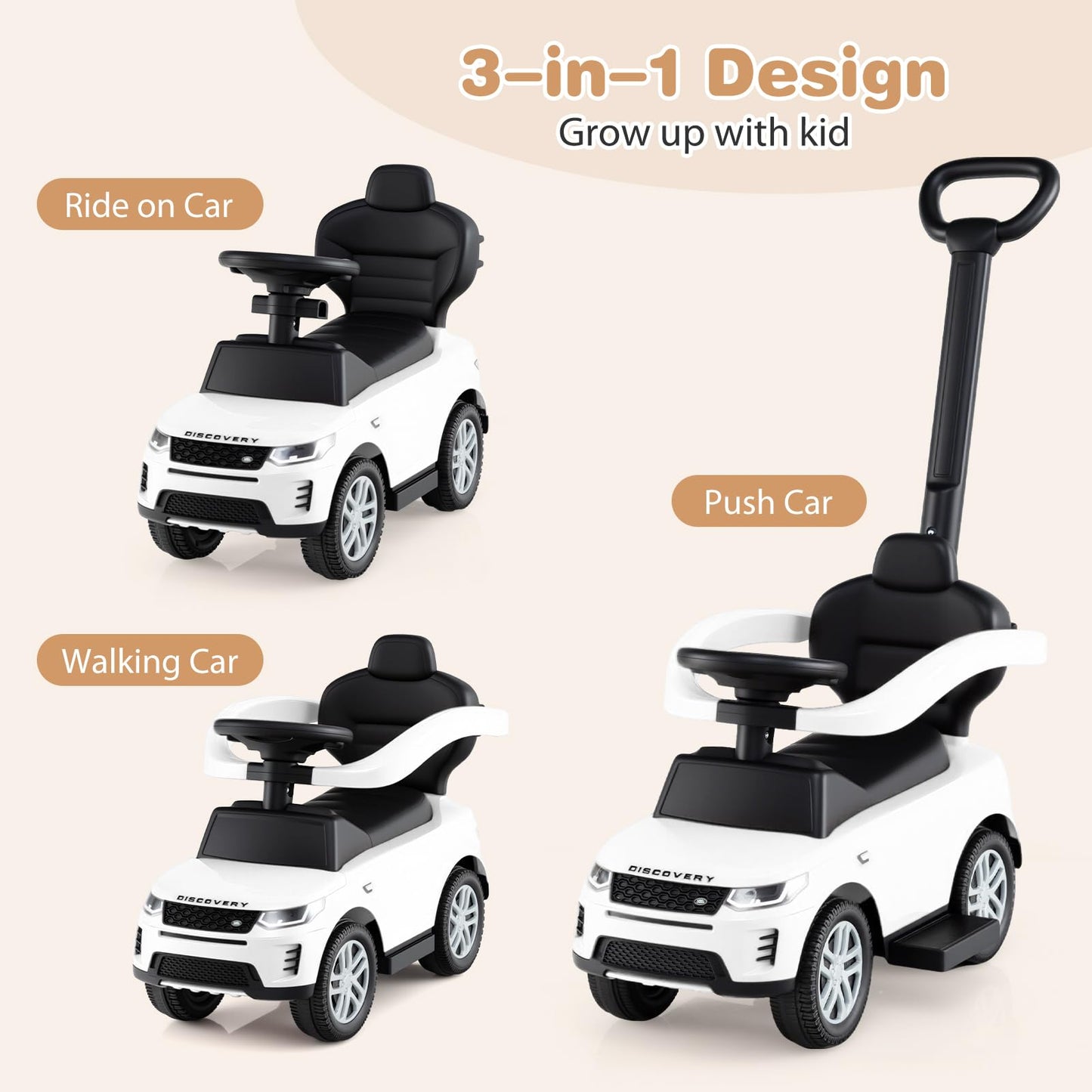 OLAKIDS Push Car for Toddlers  3 in 1 Licensed Landrover Baby Ride on Toy with Parent Control Handle Safe Guardrails  Kids Sliding Walker with Under Seat Storage Horn for Boys Girls (White)