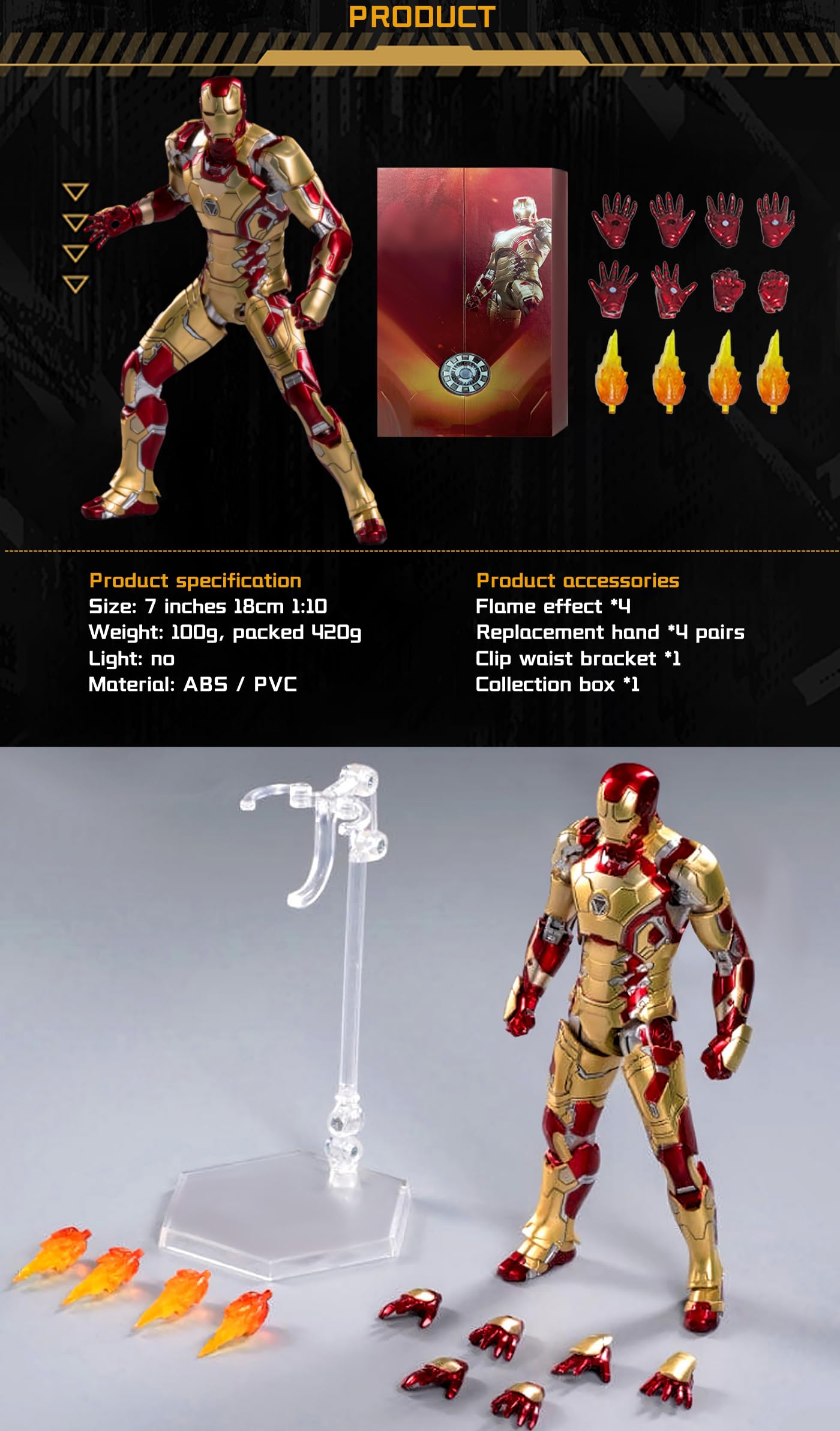 OVONNI 7 Inch Ironman MK42 Action Figure - Collectible, Exquisite Painting, ABS Material, with Accessories (1/10 Scale)