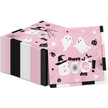 Happy Boo Day Party Napkins, Halloween Party Supplies 40Pcs Pink Happy Boo Day Napkins, Halloween Ghost Disposable Napkins For H