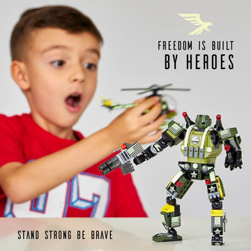 Jitterygit Robot Army Buildable Mech Soldier Glow In The Dark Gift Toy Set, Helicopter Military Creative Stem Project, Dinosaur Building Bricks Kit For Kids Ages 6-11 Years Old
