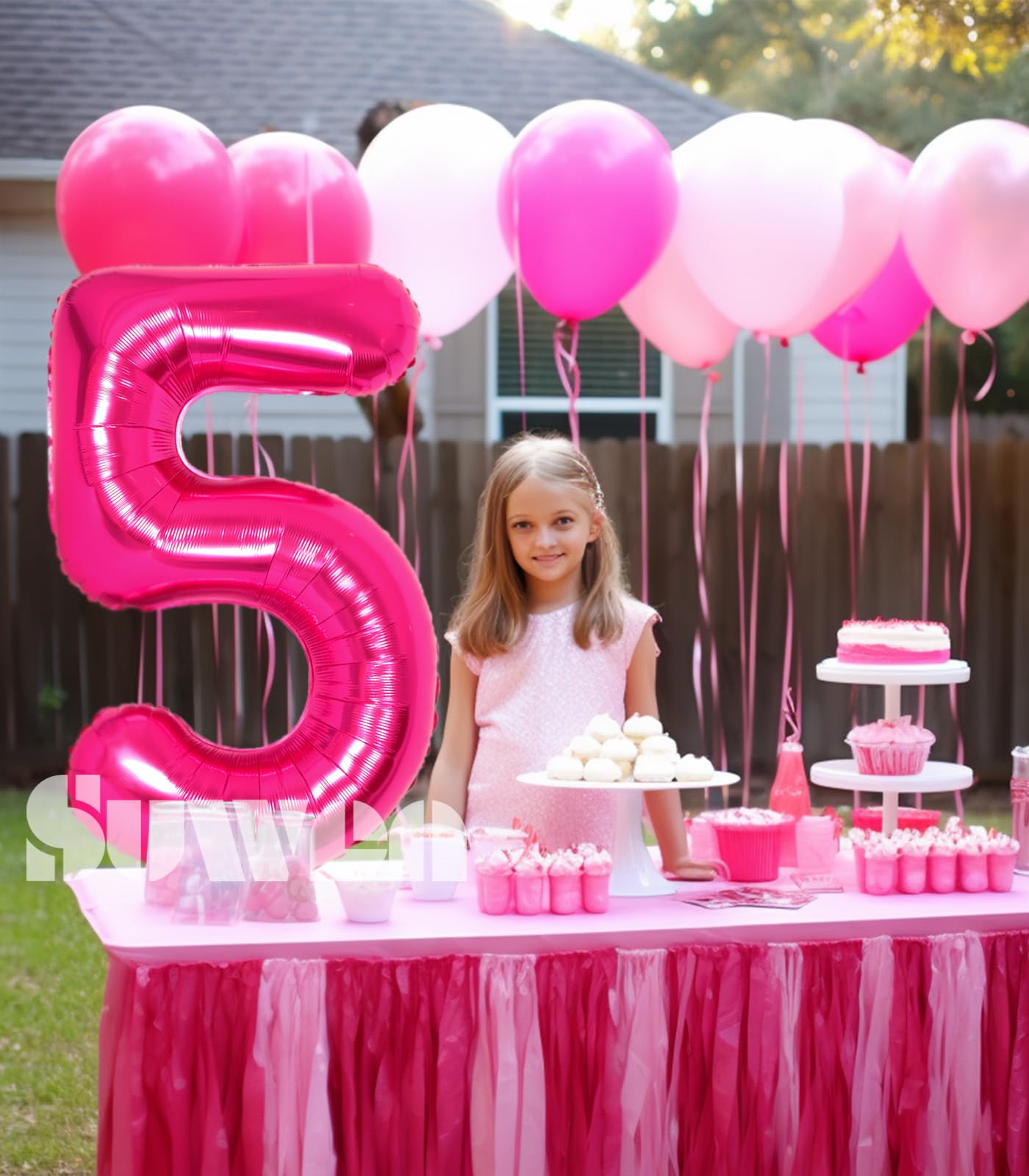 Suwen 40 Inch Hot Pink Large 5 Number Balloons Big Foil Helium Number Balloons 0-9 Jumbo Happy 5Th Mylar Birthday Party Decorati