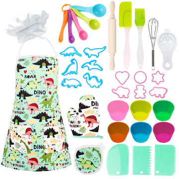 TEUVO Kids Baking Chef Set 35 Pcs with Dinosaur Apron and Mitt, Cooking Chef Dress Up Role Play Kitchen Toys Set for Kids Aged 3
