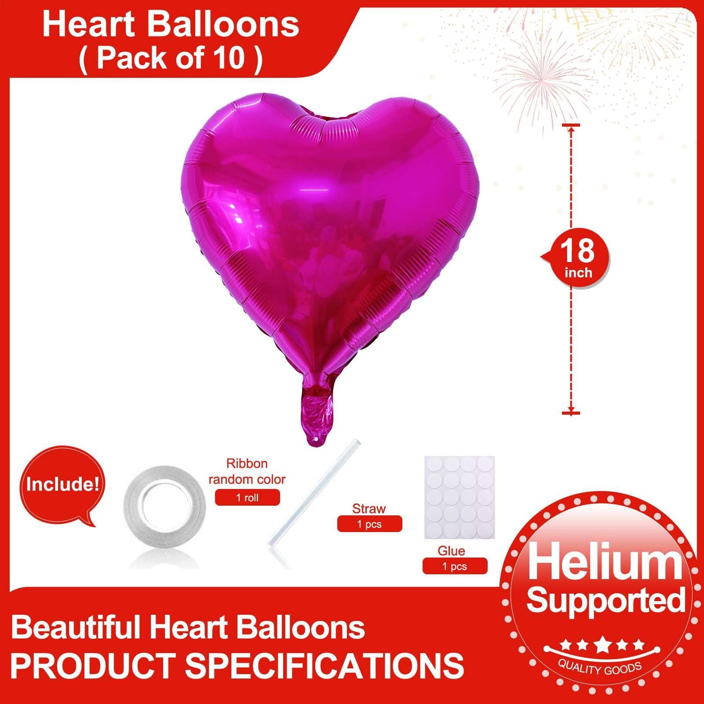 Lovoir 10 Pcs Hot Pink Heart Shape Foil Mylar Balloons 18 Inch Love Balloons For Valentine'S Day Birthday Party Decorations Wedd