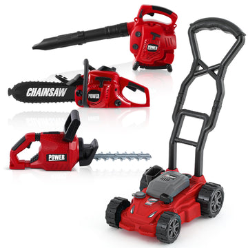 Arrowbash 4 Pcs Toy Gardening Tool Set for Kids Toy Leaf Blower Chainsaw Hedge Trimmer Push Lawn Mower Battery Play Set Christmas Birthday Party Gift for Boys Girls