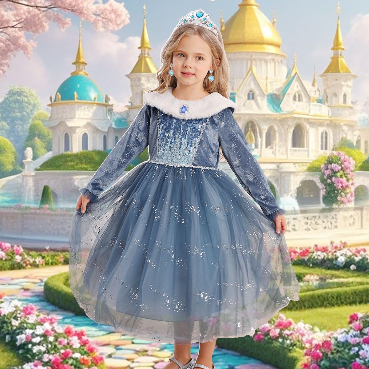 Luzlen Toddler Snow Princess Costume Girls Blue Queen Dress For Halloween Christmas Cosplay Party Outfits, 6-7Y(Tag 140)