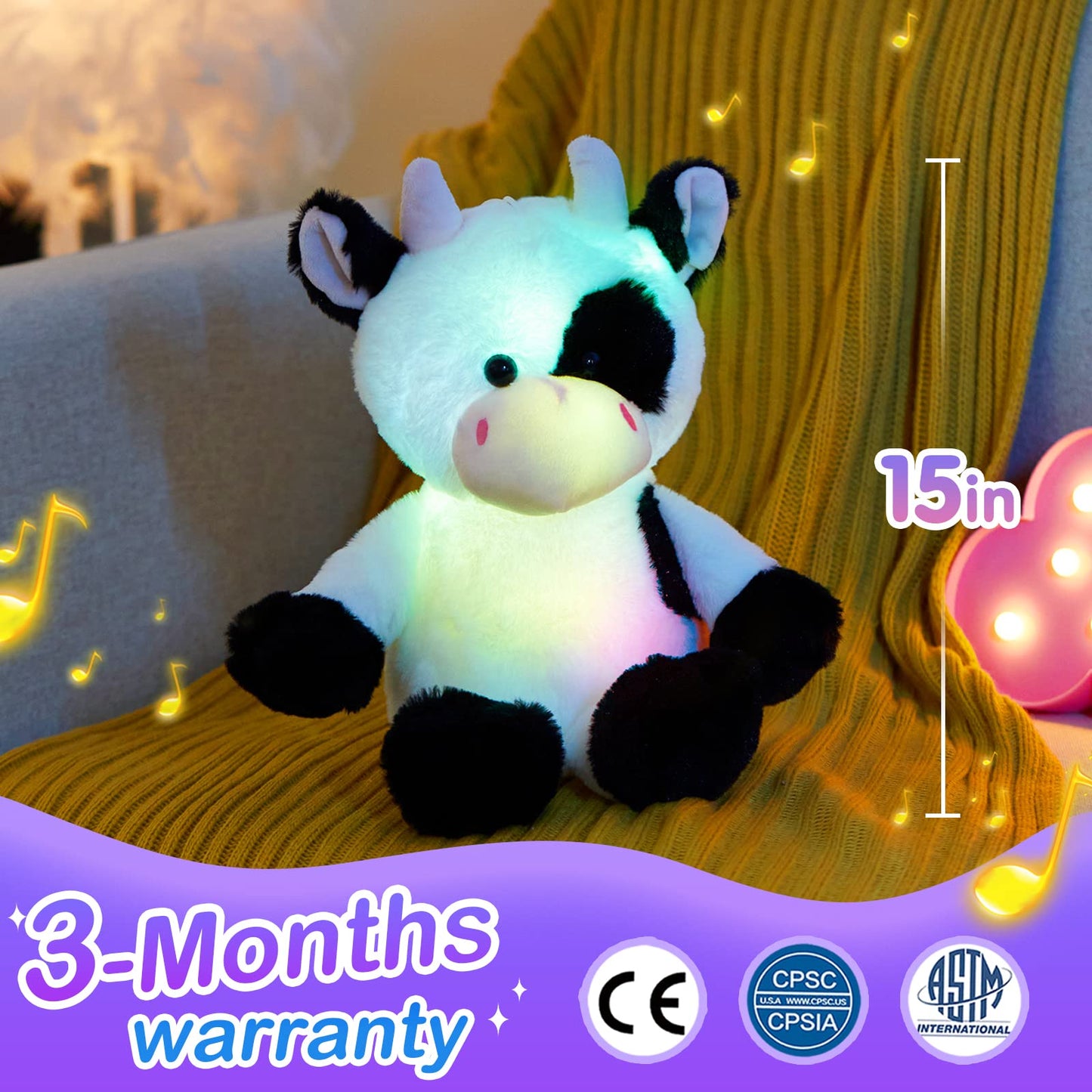 Glow Guards 15'' Light Up Music Cow Stuffed Animals Glowing Singing Soft Plush Toy With Lullaby Songs Led Night Lights For Birthday Gifts Toddler Kids Nap Time Pal