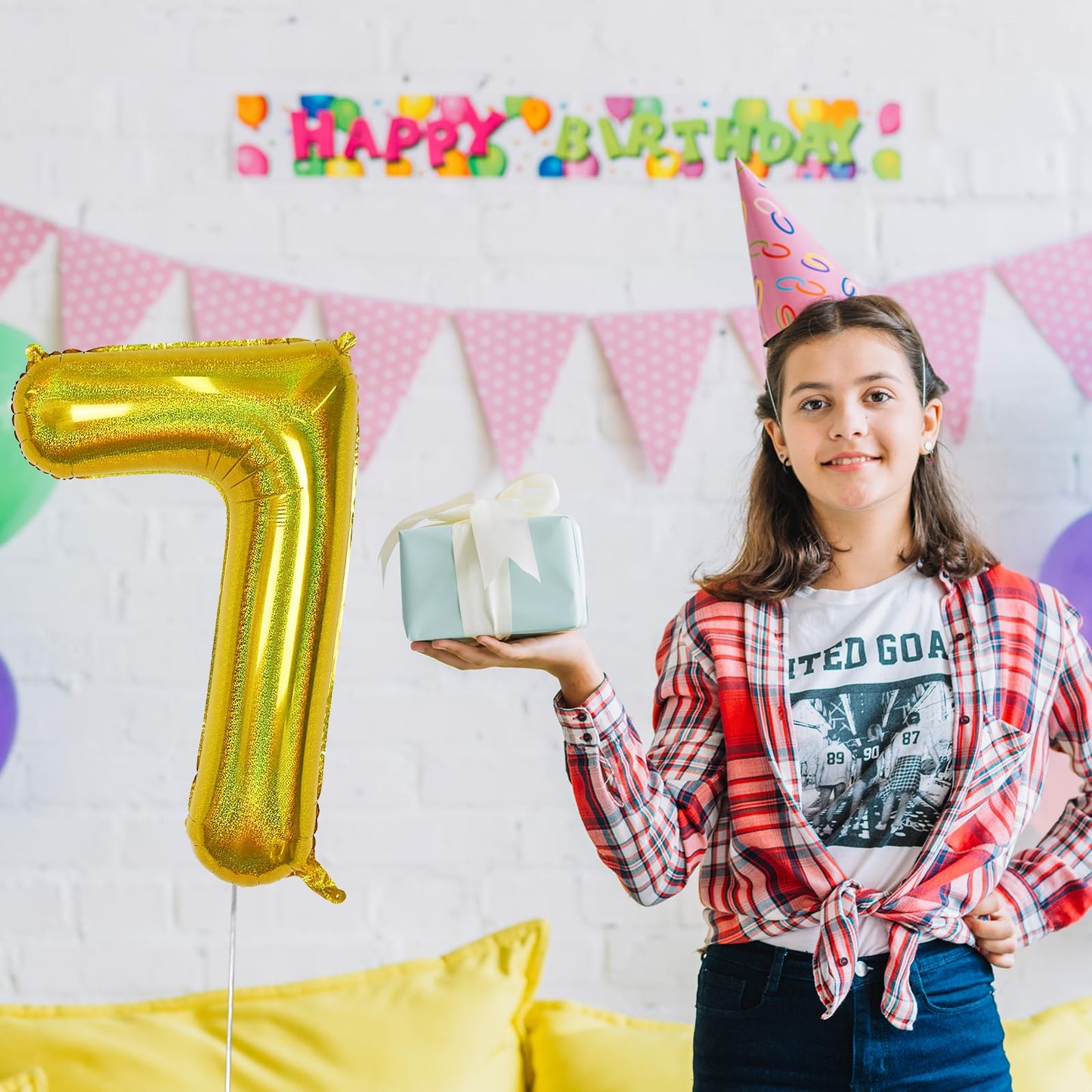 Giant 7 Number Balloons, 40 Inch Laser Gold Foil 7 Balloons Decor, Iridescent Globos Dorados Helium Self Inflating Mylar 7 Ballo
