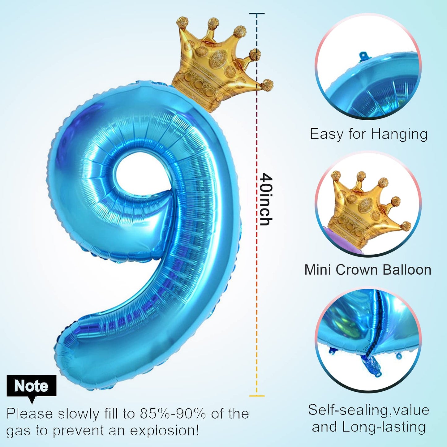 40 Inch Light Blue Number 9 And Mini Crown Balloon For 9Th Birthday Party Decorations, Light Blue Birthday Party Balloons Decora