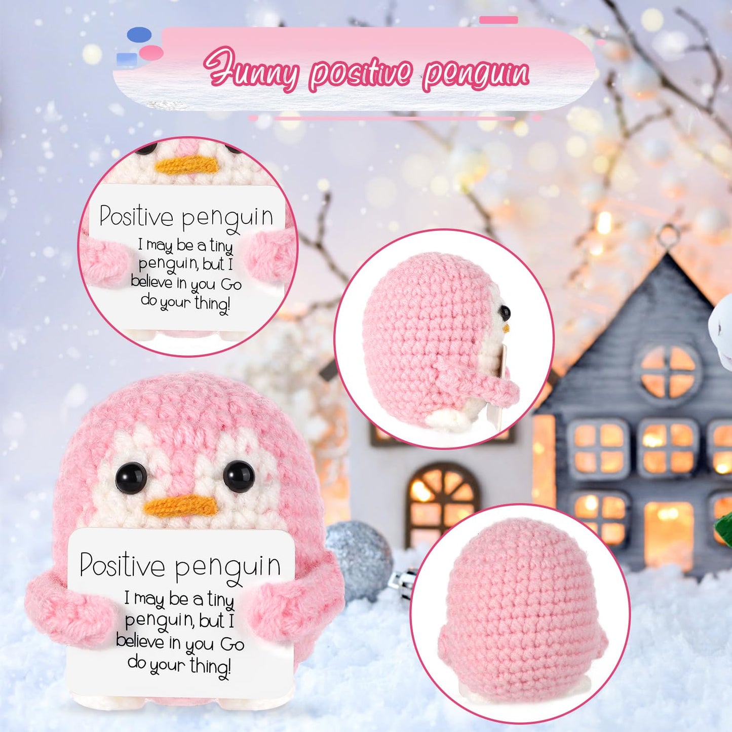 Boxob Positive Penguin Doll, 2.6 Inch Funny Potato Knitted Penguin Toy With Positive Card Woolen Cute Positive Penguin Crochet Plushies Cheer Up Gift For Friends Encouragement Decoration
