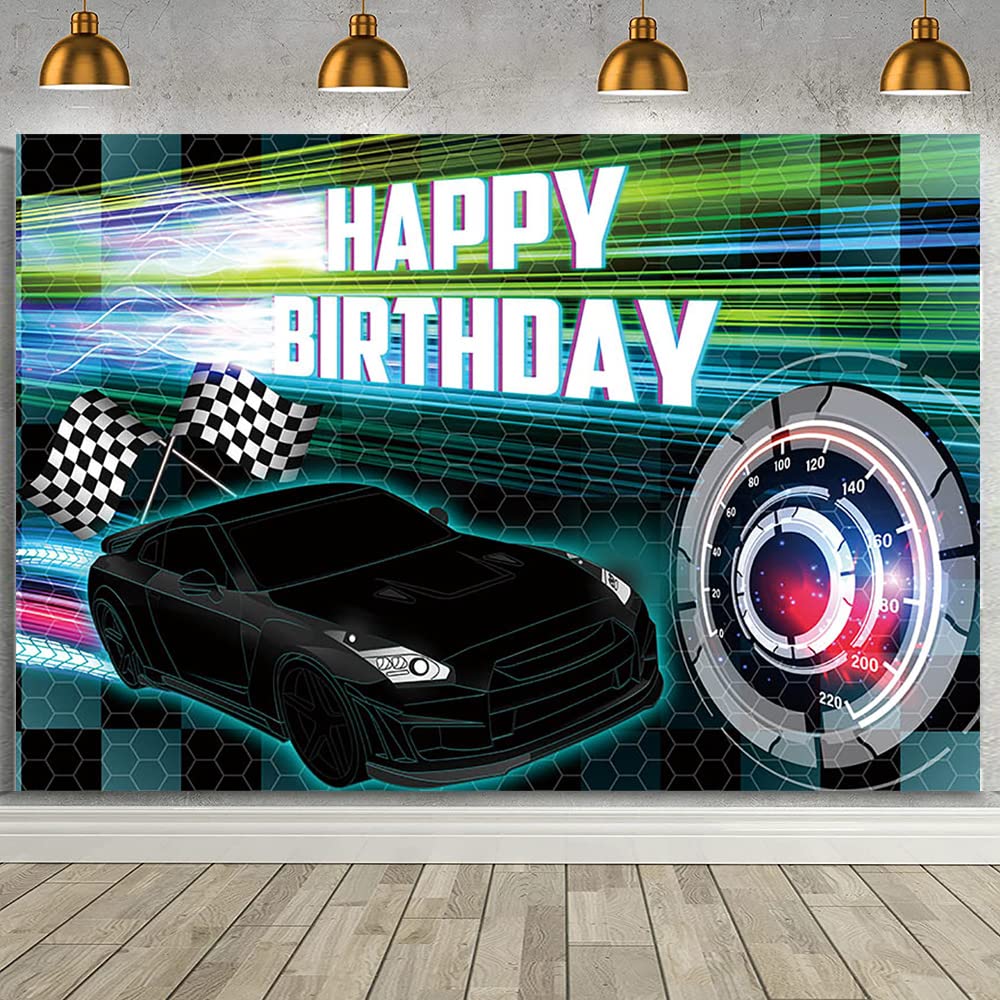 MEHOFOND 7x5ft Car Racing Happy Birthday Backdrop, Black Racing Party Photo Background for Boys, Cars Party Decorations Car Bann
