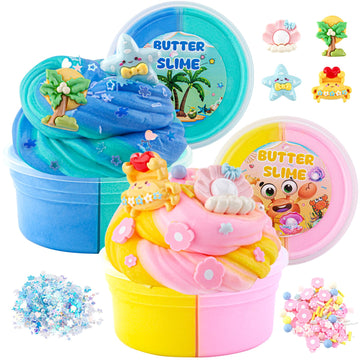 Lawoho Butter Slime Kit Includes 2X120Ml Two-Toned Butter Slime With 6 Packs Add-Ins, Slime For Kids Party Favors, Non Stick Kids Slime Kit For Girls Boys Birthday Easter Christmas Ages 8-12(Ocean)