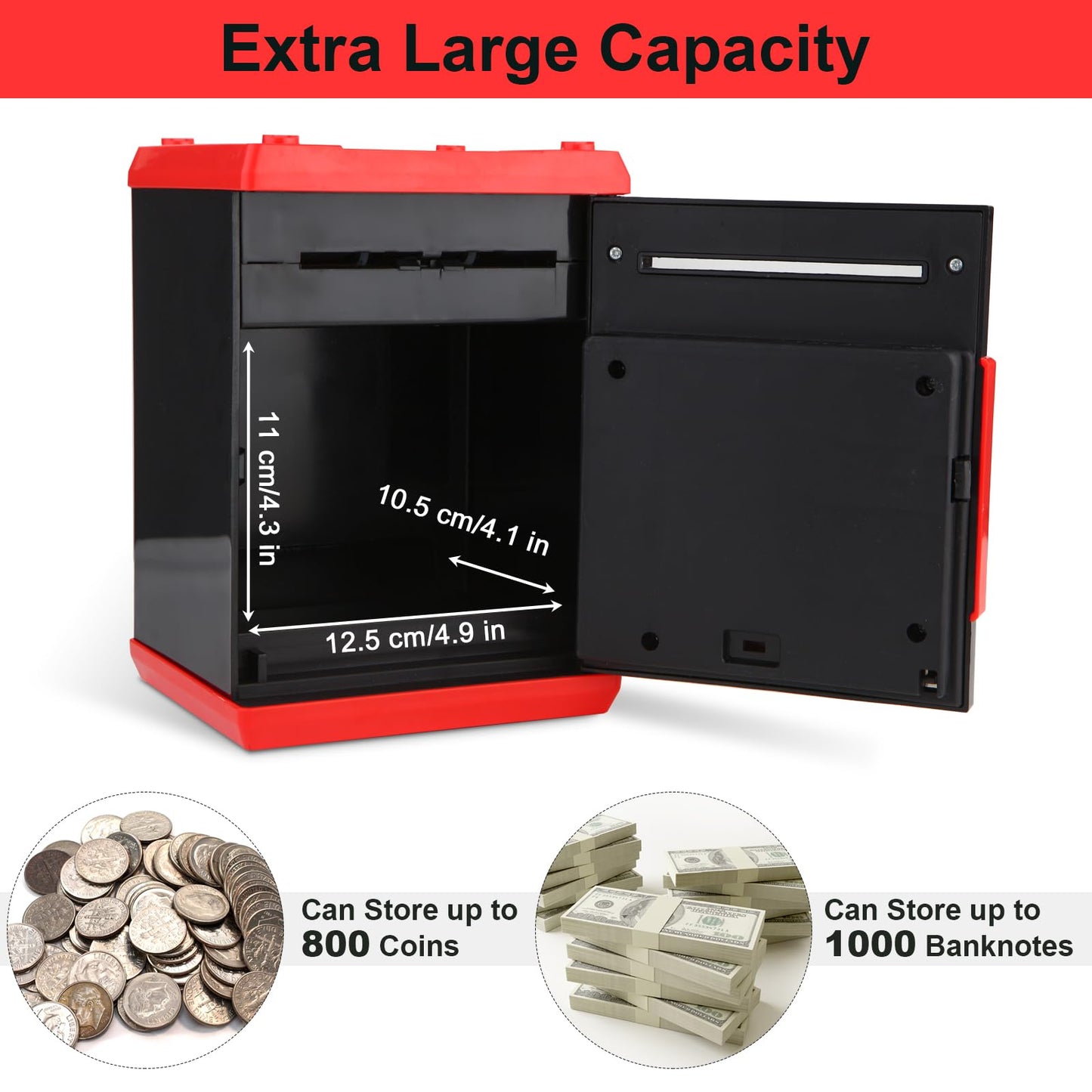 Pup Go Electronic Piggy Bank for Kids Ages 3-12 Years Old  Money Safe with Pasdecorative replica blade Protection  Auto Cash Scroll & Coin Slot  Money Saving Box  Cool Birthday for Boys & Girls (Red)