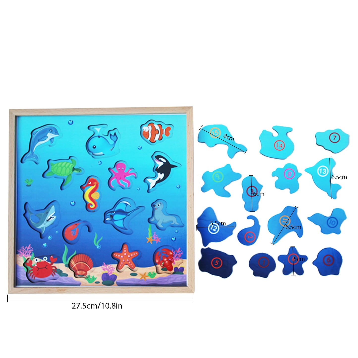 TOWO Wooden Fishing Game-Magnetic Fishing Puzzles with Numbers Jigsaw Puzzle- Sea Creatures Kids Educational Toys for 3 Years Old Math Toy