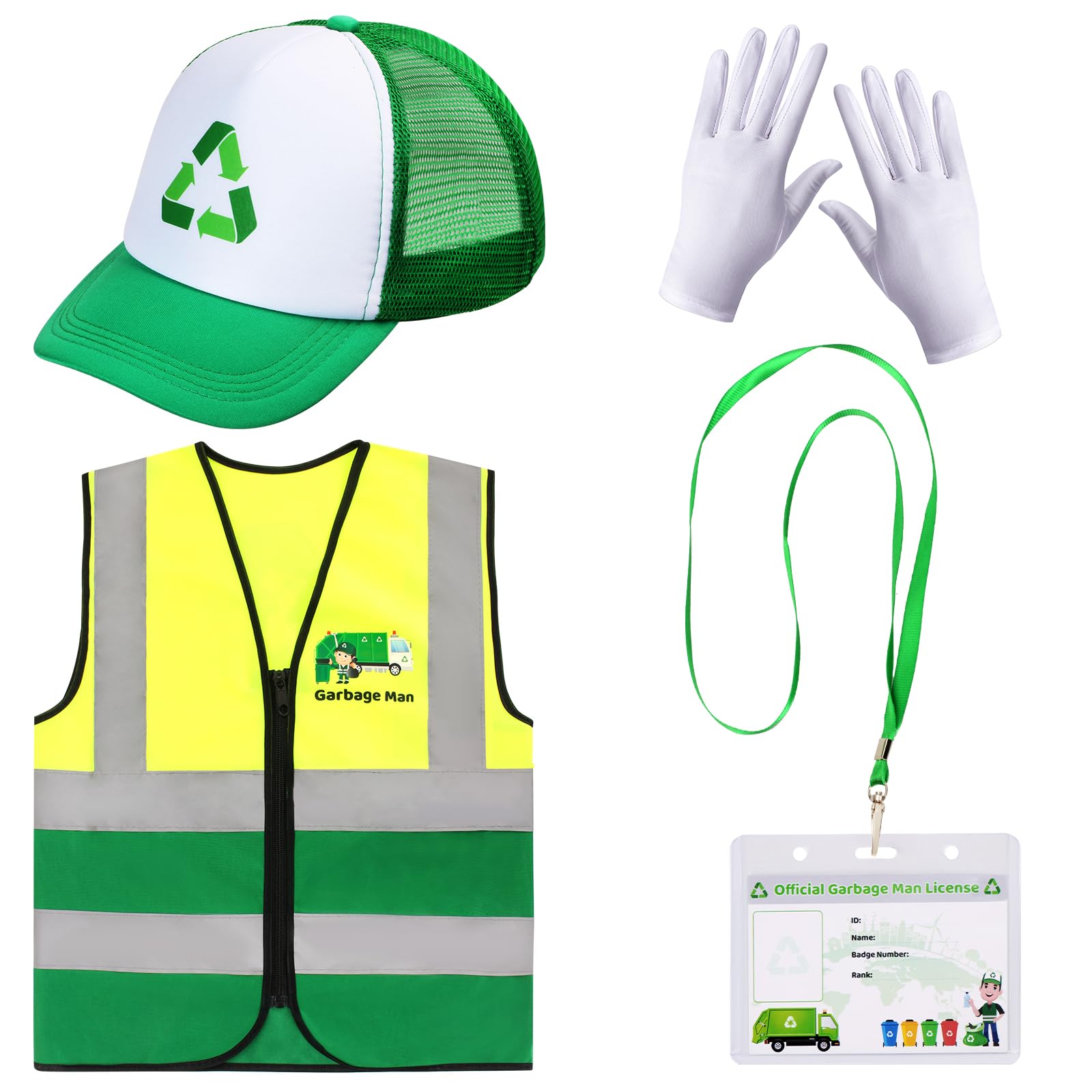 Yewong Kids Waste Management Garbage Truck Costume Accessories Recycle Trash Vest Tucker Hat Gloves Id Card For Career Day