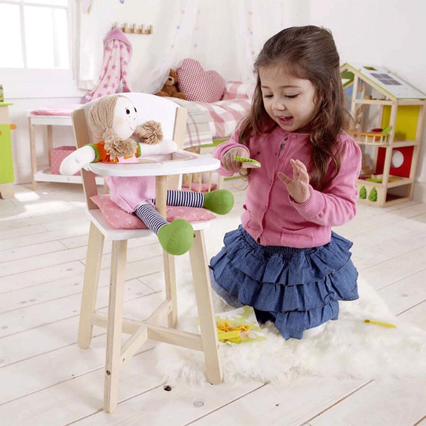 Hape Wooden Highchair For Babydoll| Fits Dolls Up To 20 Inch| Wooden Doll Play Furniture For Kids