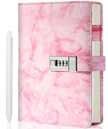 Cagie Marble Diary With Lock For Girls And Women, Waterproof Journal With Lock 192 Pages Secret Girls Locked Diary With Pen, Password Locked Journals For Teen Girls, A5 Pink