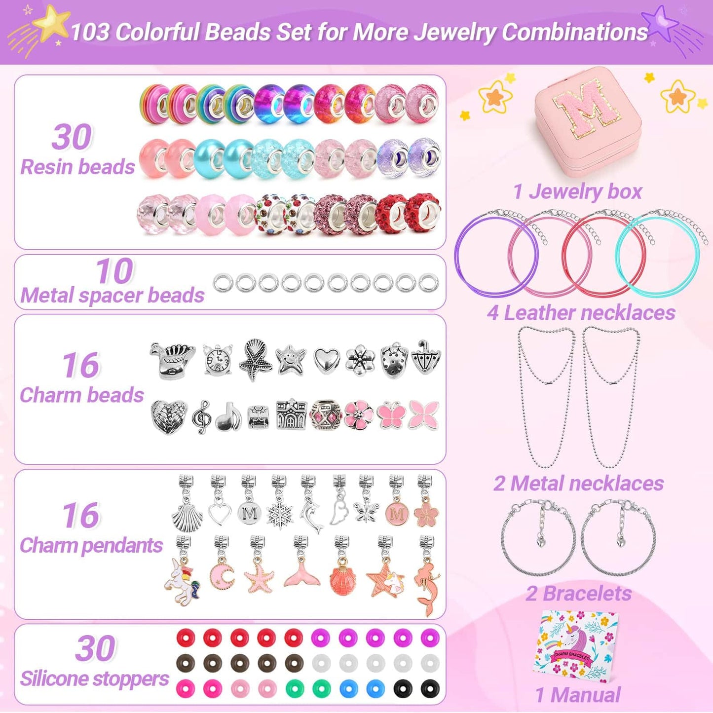 LifeisLuck Charm with Bracelet Making Kit, Jewelry Making Kit for Girls DIY Bead Necklace Kit with A to Z Bracelet Box Unicorns