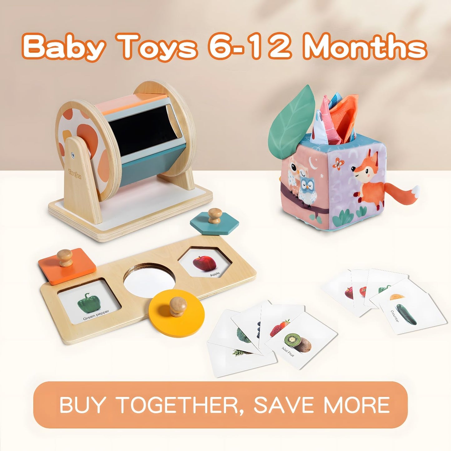 Twefex Montessori Toys For Babies 6-12 Months - 3 In 1 Baby Toys Play Kit - Medium Spinning Drum - Baby Tissue Box Toy - Peekabo