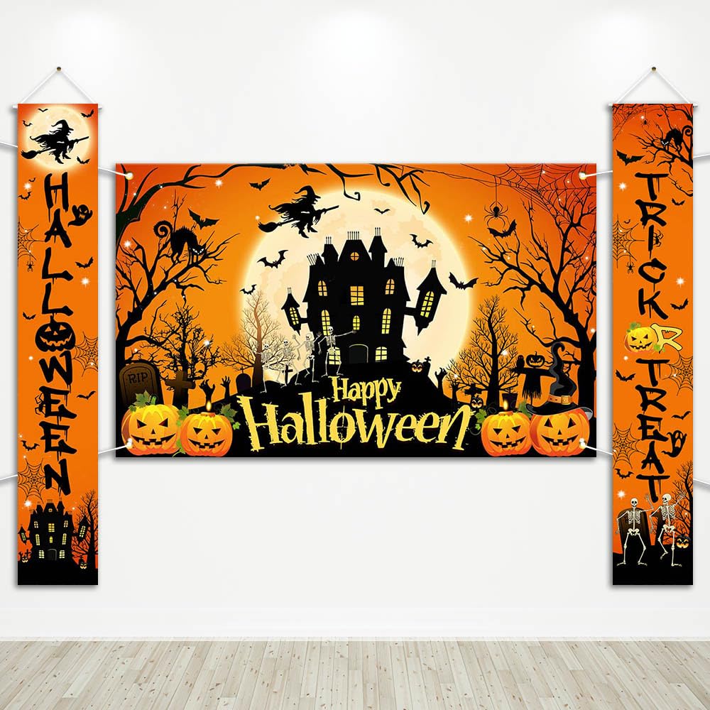 Avezano Halloween Decorations 3Pcs Happy Halloween Banner Trick or Treat Porch Signs Halloween Door Banner Halloween Party Decor