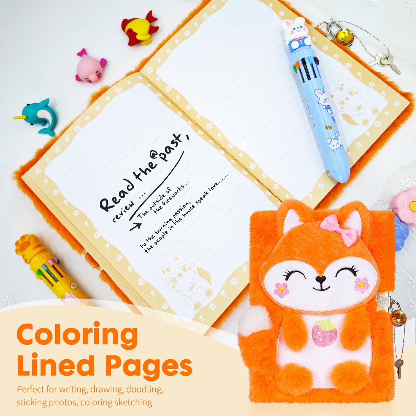 Fox Diary For Girls With Lock, Plush Fox Toys Gift For Teen Girls, Kids Fox Writing Journal Notebook, Birthday Gifts For Little Girls Ages 5 6 7 8 9 10-12 Year Old