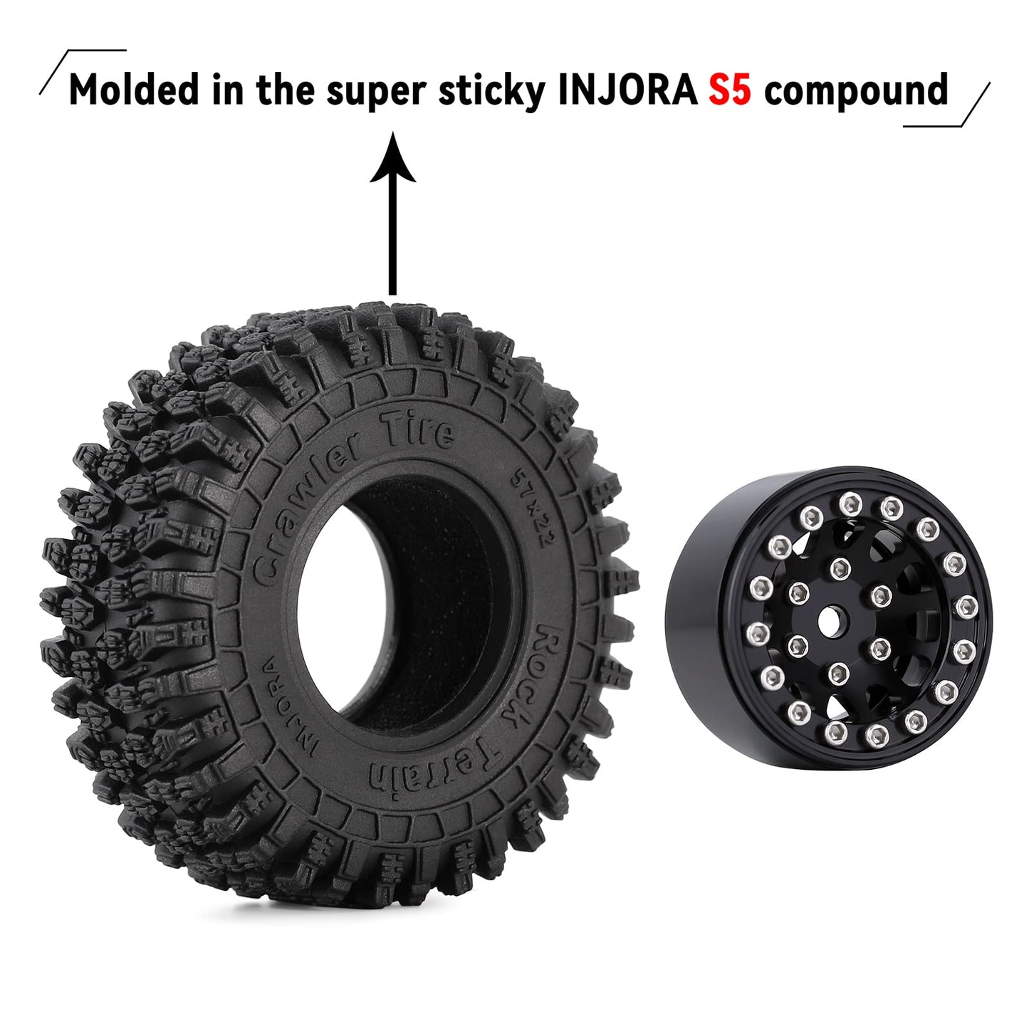 Injora 1.0 Beadlock Wheel S5 Super Soft Sticky Crawler Tires For Trx4M Axial Ax24 Scx24 Fcx24 Enduro24 Upgrade, 57 * 22Mm(Black)