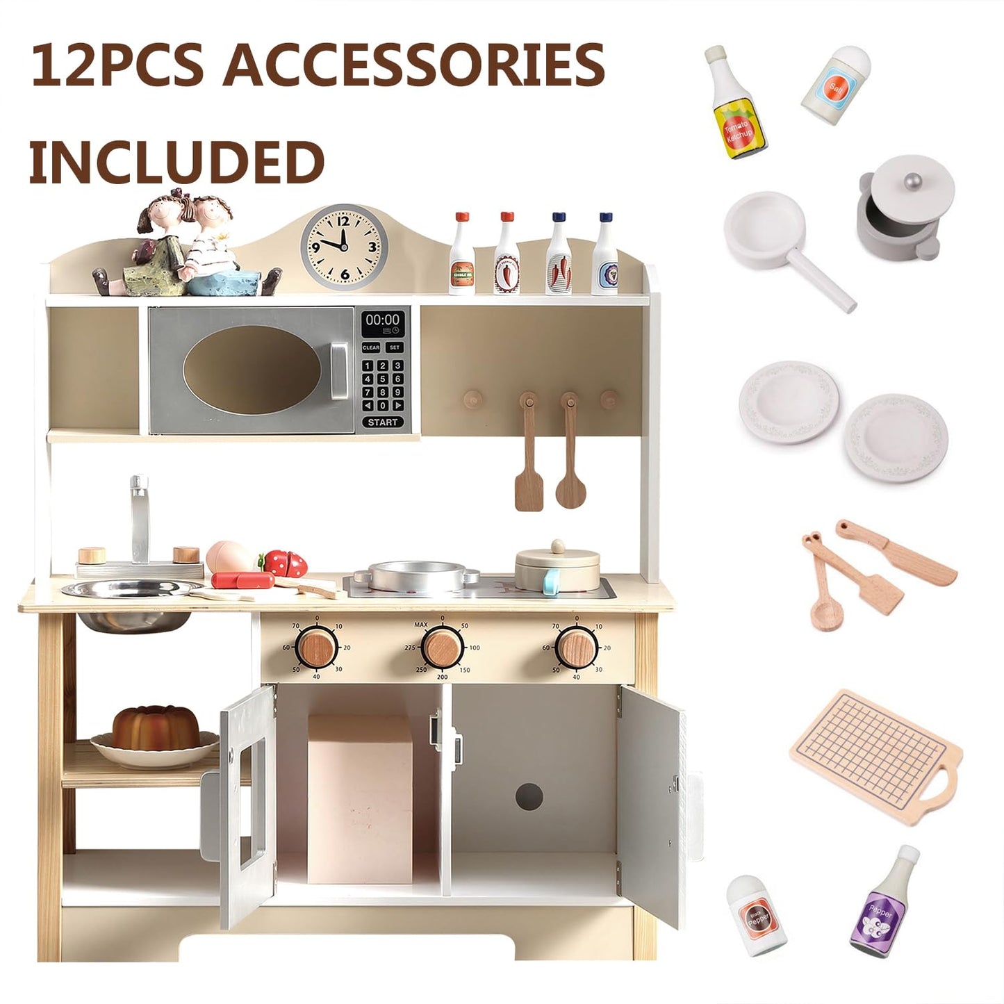 Wooden Play Kitchen, Kids Toy Kitchen Cooking Set, Kids Play Kitchen Pretend Play Set, Pretend Kitchen Playset for Toddlers Boys