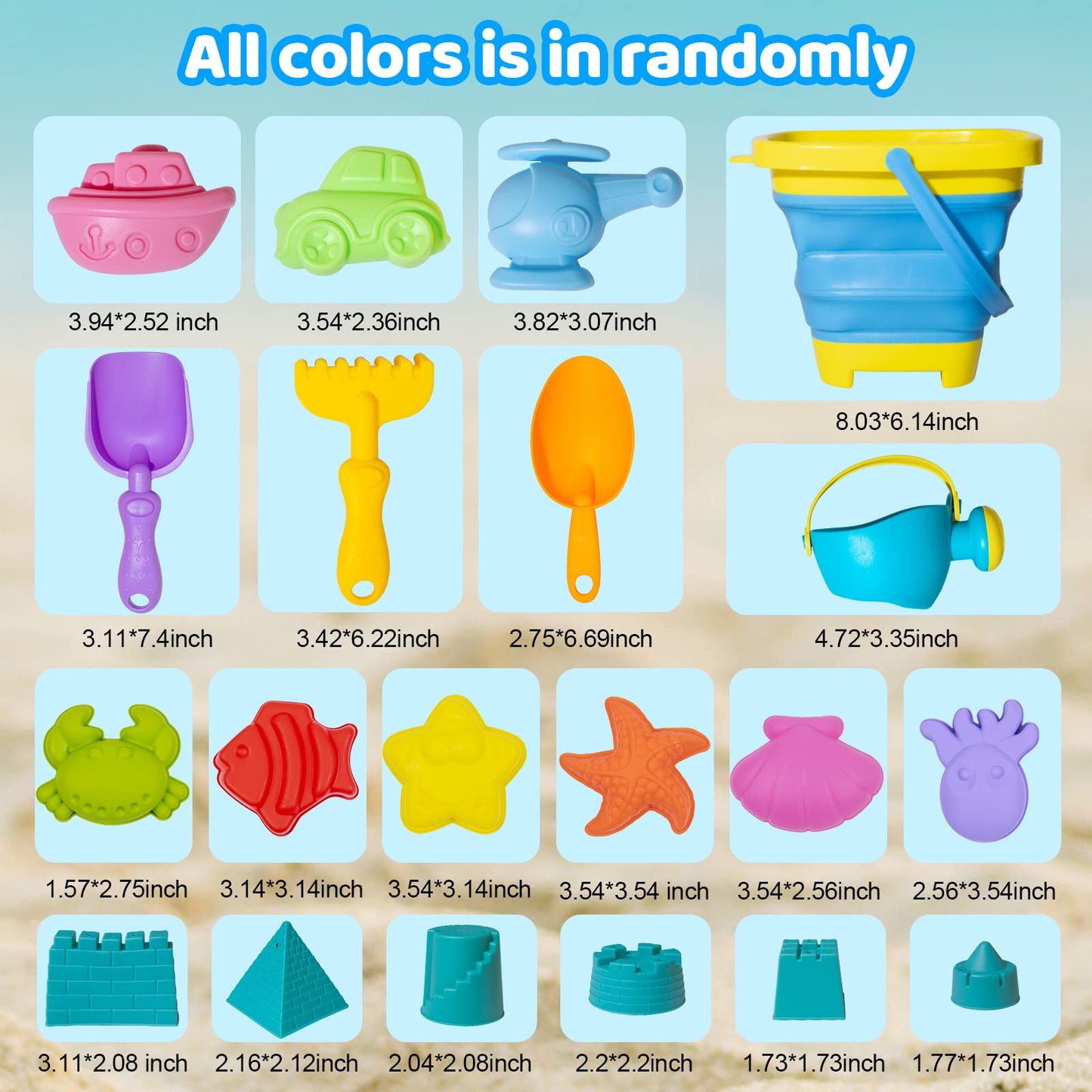 Beach Toy Sand Toy Set for Kids Silicone Foldable Sand Bucket with Summer Mesh Bag, Shovel, Rake, Watering Can, Animal and Castl