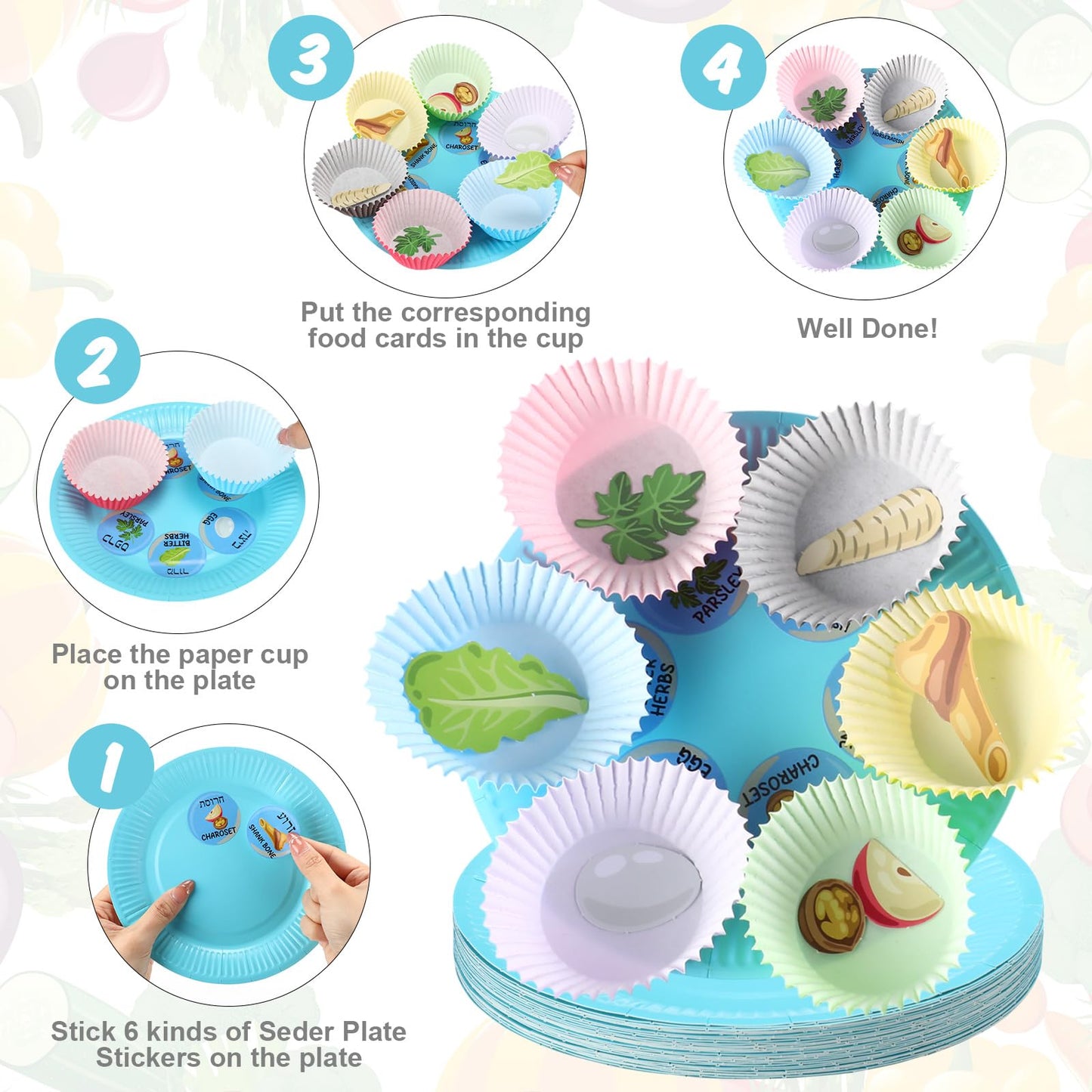 Jingmore 30 Sets Passover Seder Plate Craft Kits Include 30 Seder Paper Plates 300 Cupcake Trays 30 Food Cards 30 Seder Plate St