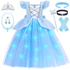 G.C Cinderella Dress Costume For Girls Toddlers Light Up Princess Dress With Crown Wand Earrings Necklace Gloves Toy Accessories