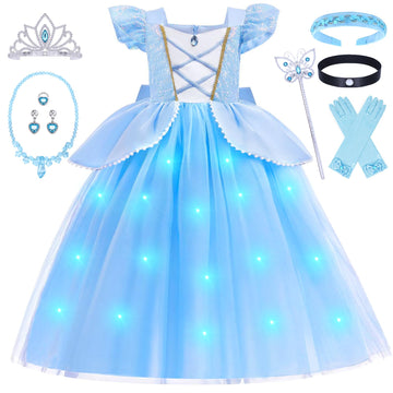 G.C Cinderella Dress Costume For Girls Toddlers Light Up Princess Dress With Crown Wand Earrings Necklace Gloves Toy Accessories