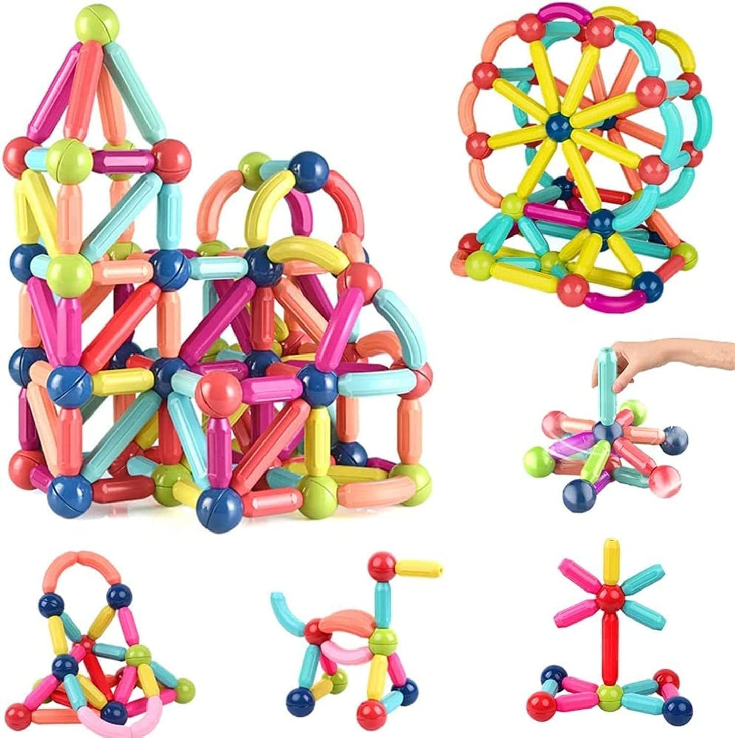 Pihura 64Piece Magnetic Building Set | Colorful Magnet Rods And Balls | Creative Stacking And Construction Toy | Interactive 3D