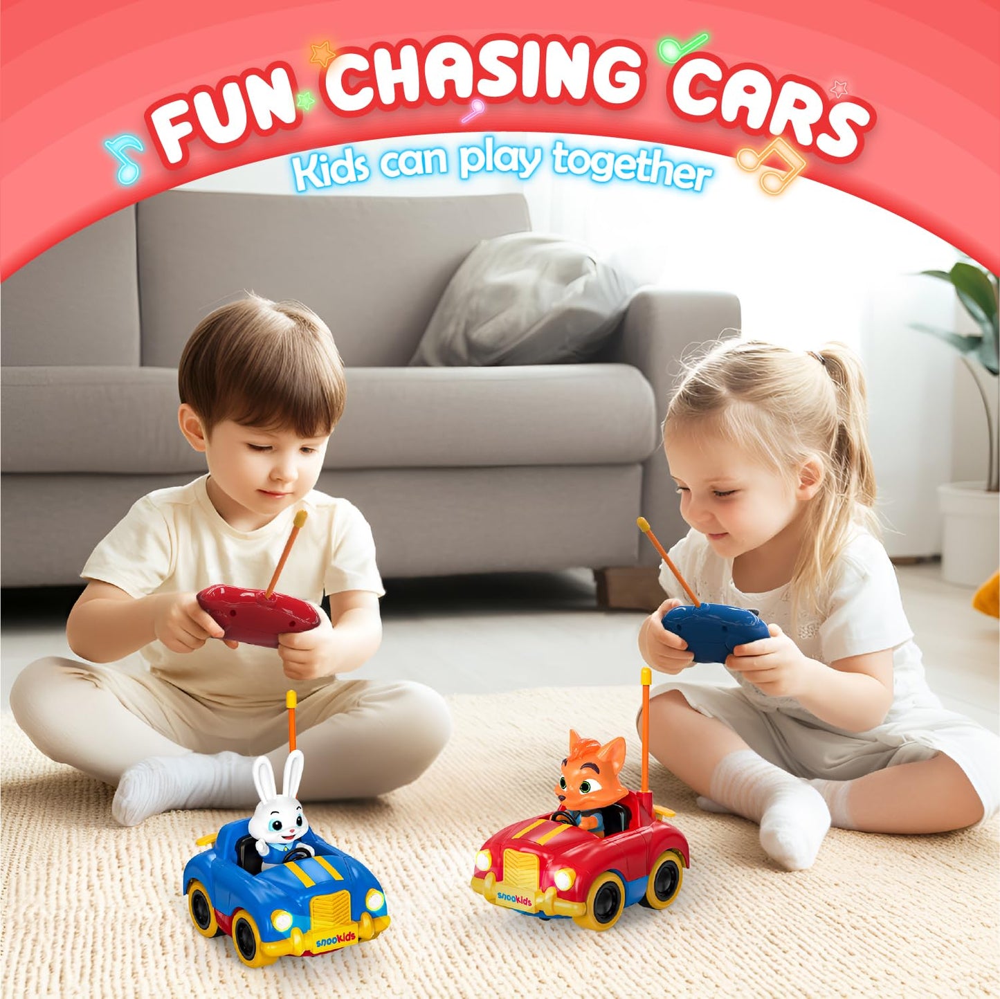 snookids 2 Pack Remote Control Cars for Toddlers and Kids with Detachable Figures, Lights and Music, Toys for Boys and Girls Age
