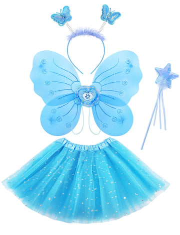 Lainlight 4 Pcs Butterfly Fairy Costume For Girls Kids Princess Cosplay Costume Set With Wings, Tutu Skirt, Wand For Girls 3-8 Y