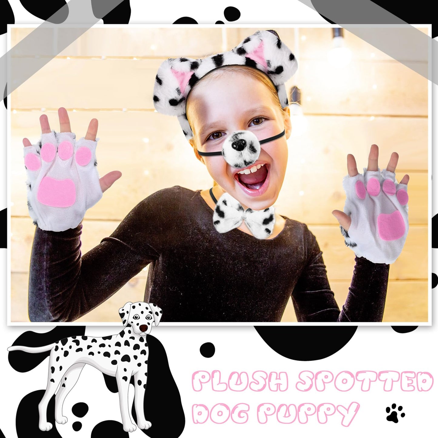 Syhood Puppy Dog Costume Set Kids Dog Ears Headband Bowtie Nose Tail Paw Gloves Puppy Animal Costume For Halloween Carnival World Book Day(Black White,Simple Style)