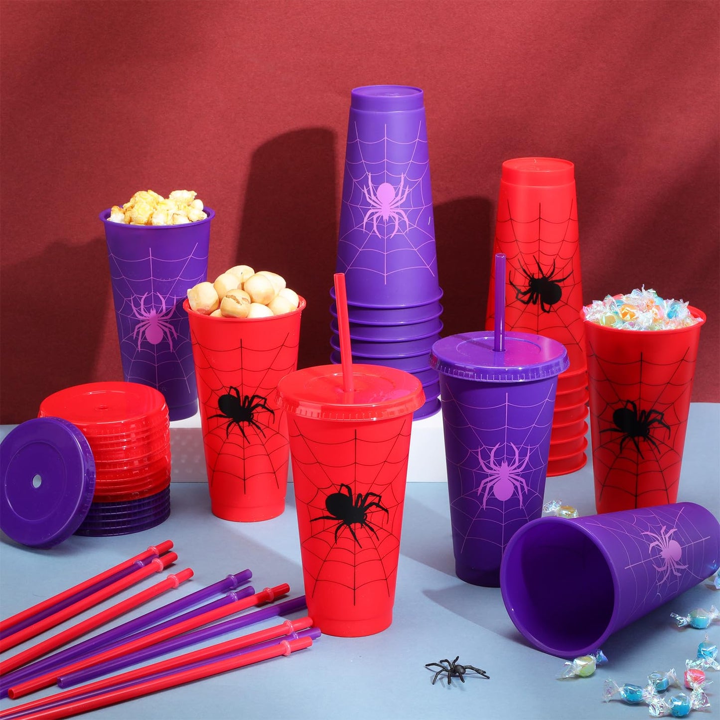 Qinyoung Spider Cups - 24 oz Reusable Plastic Cups with Lid & Straw, Red & Purple, 24 Sets for Birthday & Halloween Party Supplies